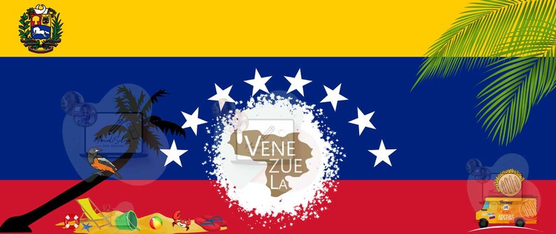 May include: Venezuelan flag design with a yellow, blue, and red color scheme. The flag features a white star arrangement, a coat of arms, and the word "Venezuela" in the center. Palm trees and a beach scene are also included.