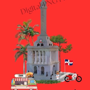 Puede incluir: Ilustración digital que presenta un monumento gris alto, una bandera, palmeras y un camión de comida con la etiqueta "CHIMI". También se representa una motocicleta y una persona con vestimenta tradicional sobre un fondo rojo.