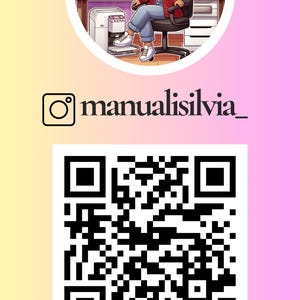 May include: An illustration of a person with curly brown hair, wearing a red jacket and blue jeans, sitting at a desk. The image includes the Instagram handle "manualisilvia_" and a QR code with the text "SCAN HERE". The background has a gradient of yellow and pink.