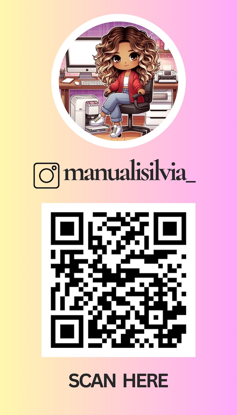 May include: An illustration of a person with curly brown hair, wearing a red jacket and blue jeans, sitting at a desk. The image includes the Instagram handle "manualisilvia_" and a QR code with the text "SCAN HERE". The background has a gradient of yellow and pink.