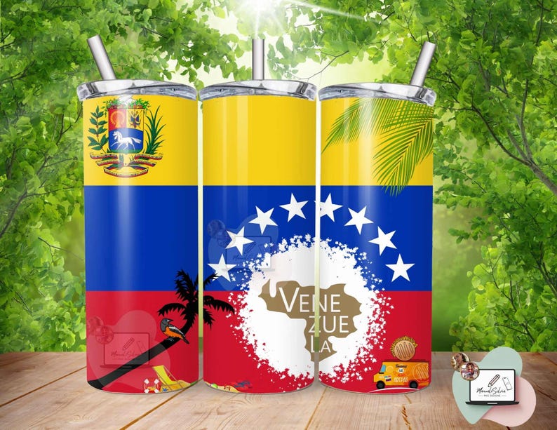 May include: Three stainless steel tumblers with lids and straws. Each tumbler features a design inspired by the Venezuelan flag, with yellow, blue, and red sections. One tumbler displays the Venezuelan coat of arms, while others show stars, palm leaves, and the country's name.