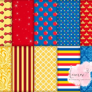 May include: A collection of colorful digital papers with various patterns. Designs include red bows on yellow, red stars, red apples on blue, blue polka dots, gold crowns, gold floral, red stripes, yellow quatrefoil, and blue damask.