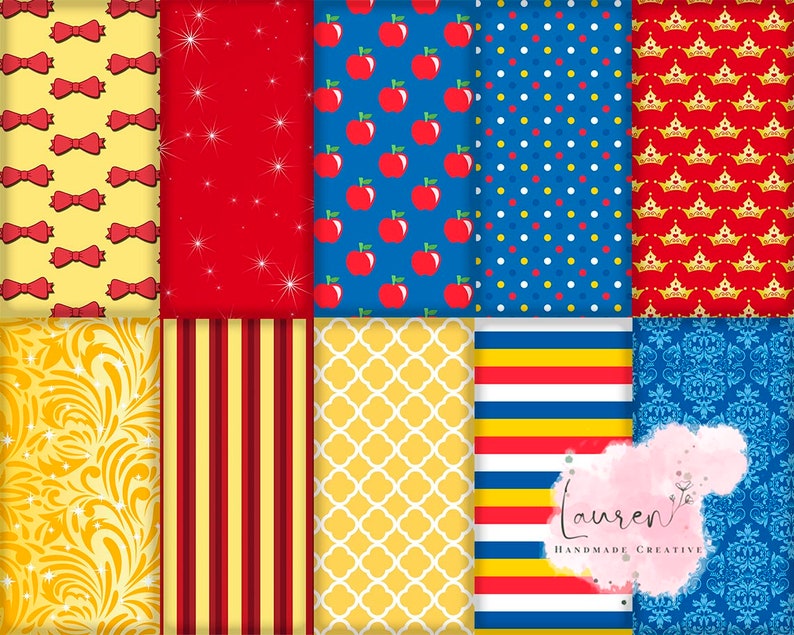 May include: A collection of colorful digital papers with various patterns. Designs include red bows on yellow, red stars, red apples on blue, blue polka dots, gold crowns, gold floral, red stripes, yellow quatrefoil, and blue damask.