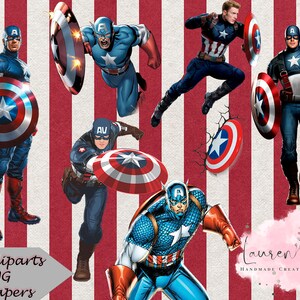 Pode incluir: Conjunto de clipart digital com o Capitão América em várias poses, incluindo correndo, pulando e em pé. As imagens estão sobre um fundo listrado vermelho e branco. O conjunto inclui 82 arquivos PNG e 22 papéis digitais.