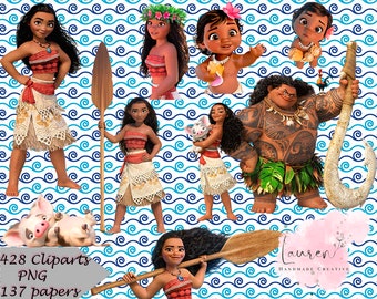 Könnte beinhalten: Ein Satz digitaler Cliparts mit Figuren aus dem Animationsfilm Vaiana. Die Bilder zeigen Vaiana, Maui, Pua das Schwein und Baby Vaiana. Die Bilder sind vor einem blau-weißen Hintergrund mit Wellenmuster angeordnet.