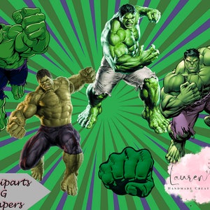 Op de afbeelding: Vier digitale illustraties van Hulk in verschillende poses, waaronder een vuist. Hulk is groen en gespierd en draagt een paarse en grijze broek. De achtergrond is een groen en paars radiaal patroon.