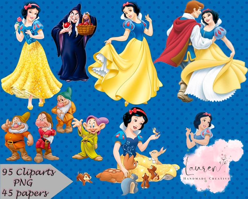 May include: A collection of Snow White-themed clip art images. The illustrations include Snow White in various poses, the Evil Queen, the seven dwarfs, and Prince Charming. The images are set against a blue background with white polka dots. Text on the bottom left reads "95 Cliparts PNG 45 papers."