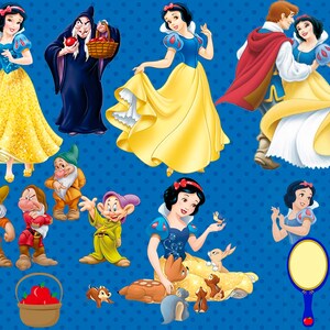 May include: A collection of Snow White characters, including Snow White in a blue and yellow dress, the Evil Queen, the seven dwarfs, and Prince Charming. The background is a blue polka dot pattern.