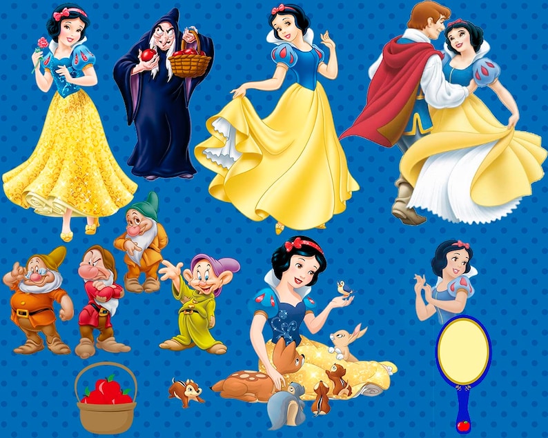 May include: A collection of Snow White characters, including Snow White in a blue and yellow dress, the Evil Queen, the seven dwarfs, and Prince Charming. The background is a blue polka dot pattern.
