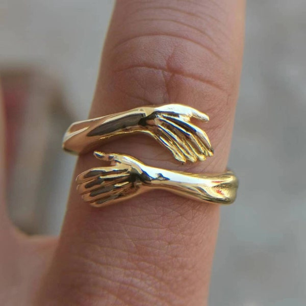 Engraved 14K Gold Hug Ring for Men and Women, 925 Sterling Silver Ring, Adjustable Ring, Friendship Ring, Hugging Ring, Best Friend Rings