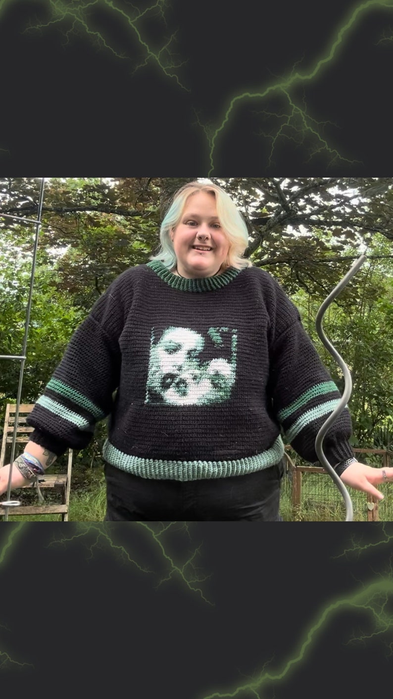 May include: A black and green crocheted jumper with a white graphic of a face. The jumper has green stripes on the sleeves.