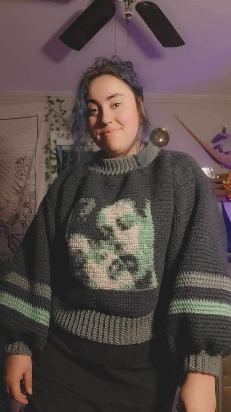 May include: A dark green, grey, and light green crocheted jumper with a graphic design of a face. The jumper has a crew neck and long sleeves.