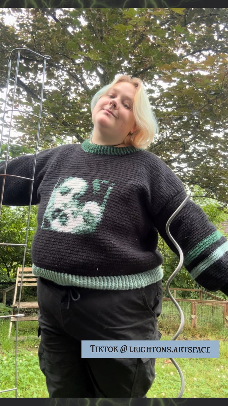 May include: A person wearing a black and green jumper with a green and white graphic design. The jumper has a green and white stripe on the sleeve. The person is wearing black trousers and is standing in front of a green background. The text "TikTok @LEIGHTONS.ARTSPACE" is visible at the bottom of the image.