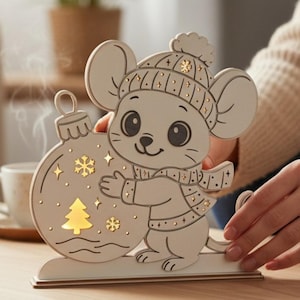 Laser Cut File Nachtlicht Weihnachtsmaus | Laserdatei für LED Weihnachtsbeleuchtung | Maus mit Weihnachtsbaumkugel | Vorlage Weihnachten