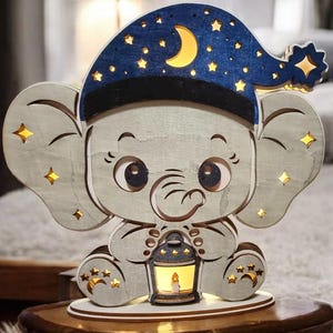 Night light for children, baby elephant, laser cut, file formats ai, dxf, lbrn2, pdf, svg, night lamp, nursery decor, sleep light, wooden gift for newborns