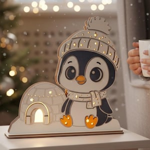 Lasergesneden nachtlampje voor kinderen | Decoratieve kerstverlichting voor kinderkamers | Pinguïn laserbestand SVG | LED winter- en kerstversiering