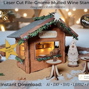 Laserdatei zur Herstellung eines Wichtel-Glühwein-Standes aus Holz mit kleinen Stehtischen, Topf, Tassen, Getränkekarte und Wichtelfigur. Der Stand ist für 4 mm und 3 mm Dicke ausgelegt und trägt das Wort "GLÜHWEIN".