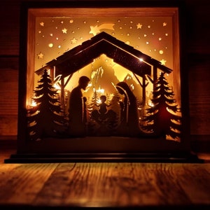 Fichier découpé au laser pour berceau LED 3D (ai, dxf, svg, lbrn2, pdf) | Noël | Marie et Joseph | Jésus | Boîte à lumière | Lasers | Crèche | Décoration |