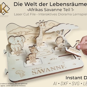 Gioco educativo Diorama con file tagliato al laser per bambini | Puzzle di animali africani | Gioco educativo Montessori | Puzzle di memoria SVG | Gioco da tavolo con figure collezionabili 1/3