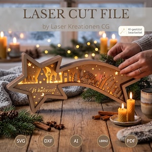 Può includere: Una decorazione in legno chiaro a forma di stella cadente con sagome tagliate al laser raffiguranti case, alberi, un'auto e lampioni. L'oggetto riporta la scritta 'Winterzeit' ed è illuminato dall'interno con una luce calda.