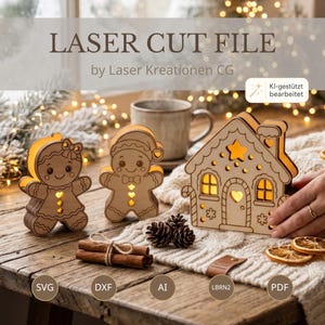 Puede incluir: Un archivo de corte láser digital que presenta figuras de pan de jengibre de madera iluminadas y una casa de pan de jengibre. El texto dice LASER CUT FILE by Laser Kreationen CG. Incluye formatos de archivo SVG, DXF, AI, LBRN2 y PDF.
