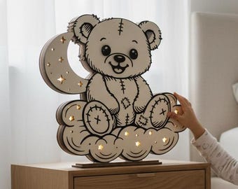 Nachtlicht Baby Teddybär als Laser Cut File | Kinderzimmer Nachtlampe | Baby Nachtlicht Bär Datei | Geschenk zur Geburt, Taufe SVG DXF |