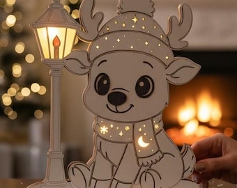 Laser Cut File Reindeer Night Light | Decorative Lighting for Christmas | Cute Reindeer with Lantern File | LED Decorative Light Template for Laser Cutting