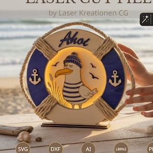Lámpara decorativa marítima cortada con láser | Luz nocturna con salvavidas y gaviota SVG DXF | Caja de luz decorativa costera Mar del Norte Mar Báltico Archivo marino