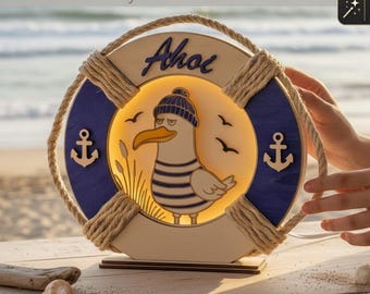 Laser Cut File Maritime Decorative Lamp | Lifebuoy & Seagull Night Light SVG DXF | Coastal Decor Lightbox North Sea Baltic Sea Sea File