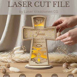Arquivo para corte a laser: Cruz da Comunhão e Confirmação | Luminária noturna de LED para crianças | Caixa de luz personalizável | Iluminação decorativa cristã em madeira (SVG)