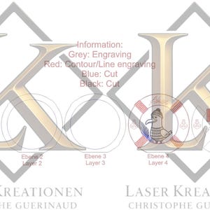 Pu&ograve; includere: Uno schema di progettazione con le lettere "KK" in oro, con un gabbiano in un salvagente. L'immagine include testo che indica le istruzioni di incisione e taglio, con il testo "LASER KREATIONEN CHRISTOPHE GUERINAUD" in basso.
