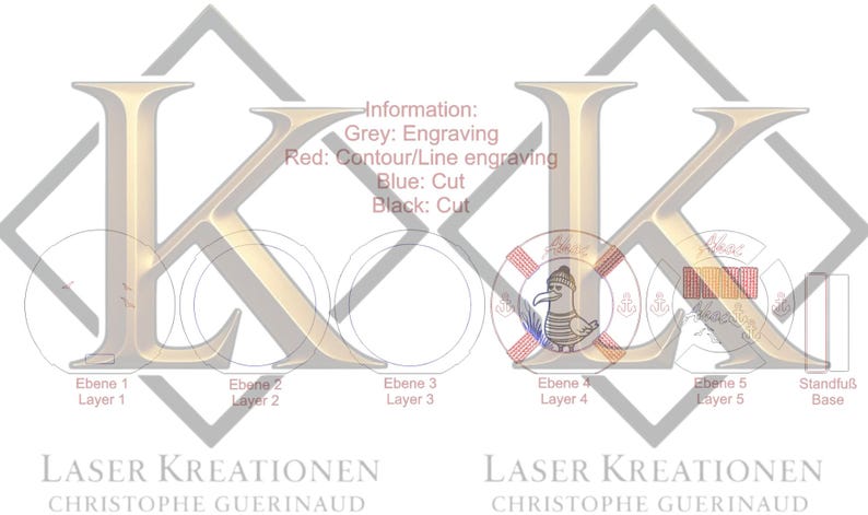 Pu&ograve; includere: Uno schema di progettazione con le lettere "KK" in oro, con un gabbiano in un salvagente. L'immagine include testo che indica le istruzioni di incisione e taglio, con il testo "LASER KREATIONEN CHRISTOPHE GUERINAUD" in basso.