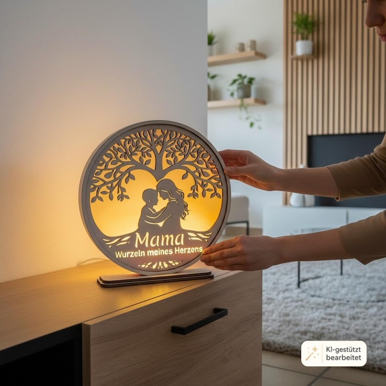 Puede incluir: Una l&aacute;mpara circular de madera con una silueta de &aacute;rbol cortada con l&aacute;ser y una figura de madre e hijo en el centro. La luz brilla desde atr&aacute;s, iluminando el texto 'Mama' y 'Wurzeln meines Herzens' en un tono amarillo c&aacute;lido y suave.