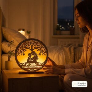Puede incluir: Una l&aacute;mpara circular de madera con una silueta cortada con l&aacute;ser de un padre o madre y un ni&ntilde;o bajo un &aacute;rbol. La l&aacute;mpara emite una luz c&aacute;lida y suave y muestra el texto en alem&aacute;n 'Mama' y 'Wurzeln meines Herzens' en la base frontal.