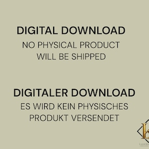 K&ouml;nnte beinhalten: Grafik f&uuml;r digitalen Download mit dem Text "DIGITAL DOWNLOAD" und "NO PHYSICAL PRODUCT WILL BE SHIPPED" in schwarzer Schrift. Darunter wird der Text "DIGITALER DOWNLOAD" und "ES WIRD KEIN PHYSISCHES PRODUKT VERSENDET" angezeigt. Ein Logo befindet sich unten rechts.
