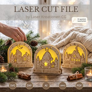 May include: Three arched wooden laser cut decorations featuring winter scenes with a snowman, a gnome, and a house with a deer. Each piece is illuminated from behind with a warm yellow light and displays the text Frohe Weihnachten at the base.