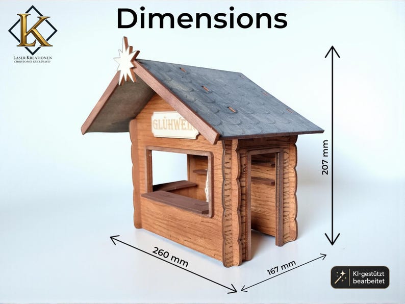 May include: A wooden model of a market stall with a dark gray roof, a star ornament at the peak, and a sign reading GL&Uuml;HWEIN. The structure features a service counter and an open doorway. Dimensions are 260 mm wide, 167 mm deep, and 207 mm high.
