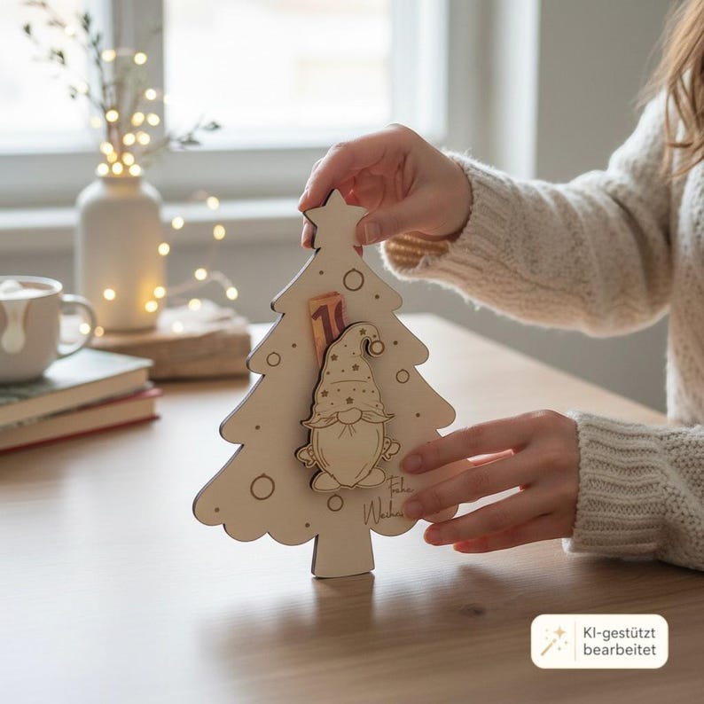 May include: A light-colored wooden Christmas tree ornament featuring a cutout of a gnome with a star-patterned hat. The tree is decorated with small circular engravings and includes the German text Frohe Weihnachten. A paper bill is tucked behind the gnome.
