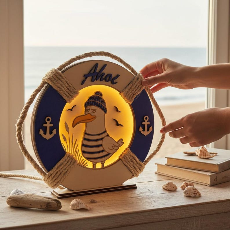 Pu&ograve; includere: Lampada decorativa a tema nautico a forma di salvagente, con un gabbiano dei cartoni animati con berretto e camicia a righe. La lampada &egrave; illuminata dall'interno e porta la scritta "Ahoi". Il design incorpora dettagli blu, bianchi e di corda.