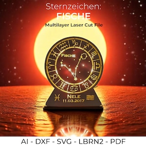 Pisces Laser Cut File Sternzeichen Fische Lampe SVG Multilayer Nachtlicht Vorlage dxf ai pdf lbrn2 Zodiac Sign Cutting File deco lamp