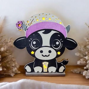Luce notturna per bambini con file tagliato al laser, mucca, ai, dxf, lbrn2, pdf, svg, luce per dormire per la cameretta dei bambini, luce notturna decorativa, regalo per la nascita