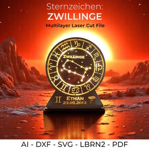 Gemini Laser Cut File | Sternzeichen Zwillinge Lampe SVG | Multilayer Nachtlicht Vorlage | dxf ai pdf lbrn2 | Zodiac Sign Cutting File deco