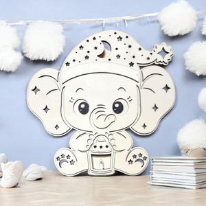 Luz de noche para niños, elefante bebé, archivo cortado con láser ai, dxf, lbrn2, pdf, svg, lámpara de noche, decoración de habitación de niños, luz para dormir, regalo de madera para nacimiento