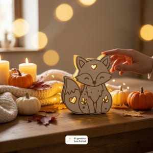 May include: A light-colored wooden fox-shaped lamp with cut-out heart and leaf designs. The lamp emits a warm glow from within. It is surrounded by small pumpkins, a knitted fabric, and candles on a wooden surface.