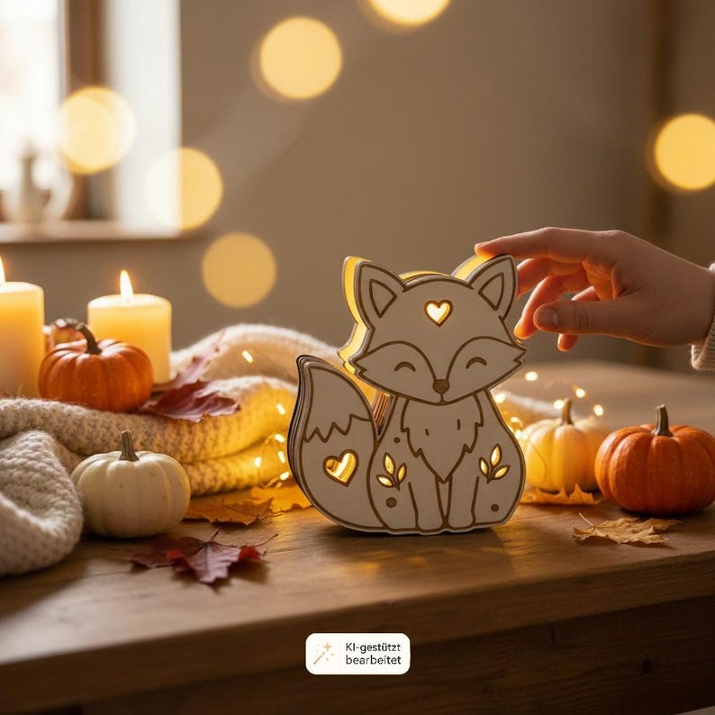 May include: A light-colored wooden fox-shaped lamp with cut-out heart and leaf designs. The lamp emits a warm glow from within. It is surrounded by small pumpkins, a knitted fabric, and candles on a wooden surface.