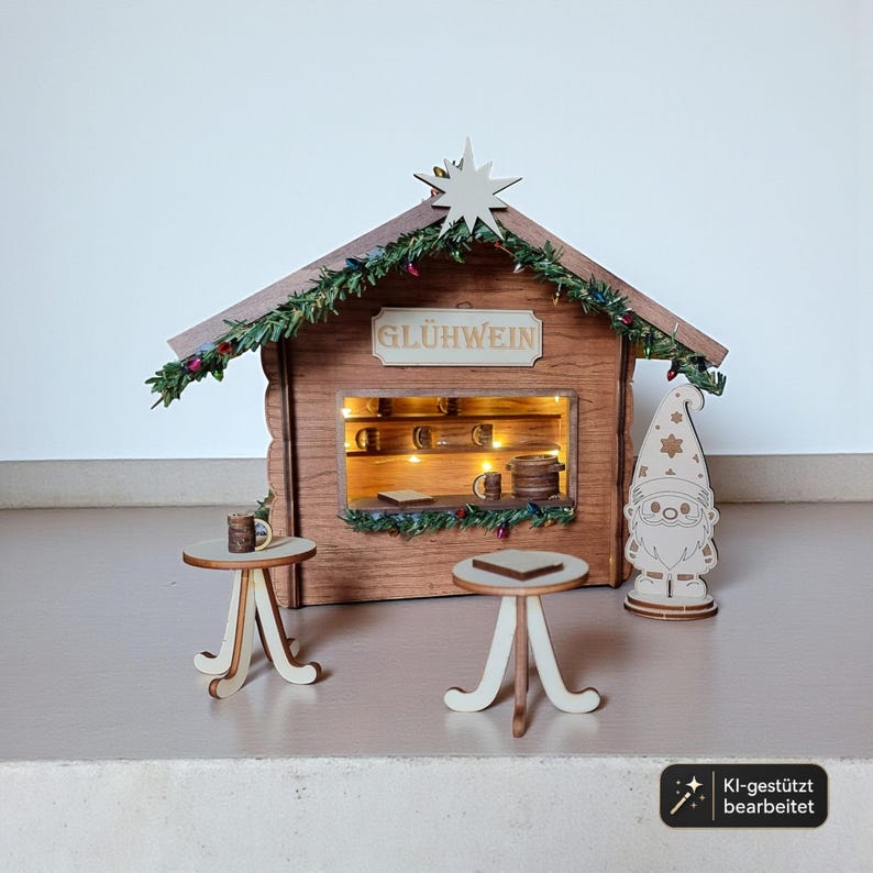 May include: A wooden miniature Gl&uuml;hwein stall featuring a brown structure with a star topper, green garland, and internal lights. The set includes two small round tables with light-colored legs and a flat-topped gnome figure standing to the right.