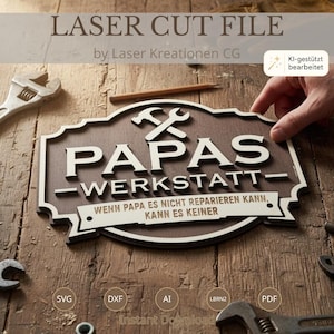 May include: A brown and white laser-cut wooden sign featuring the text PAPAS WERKSTATT and the phrase WENN PAPA ES NICHT REPARIEREN KANN, KANN ES KEINER, with a hammer and wrench icon centered above the text on a rustic wooden surface.