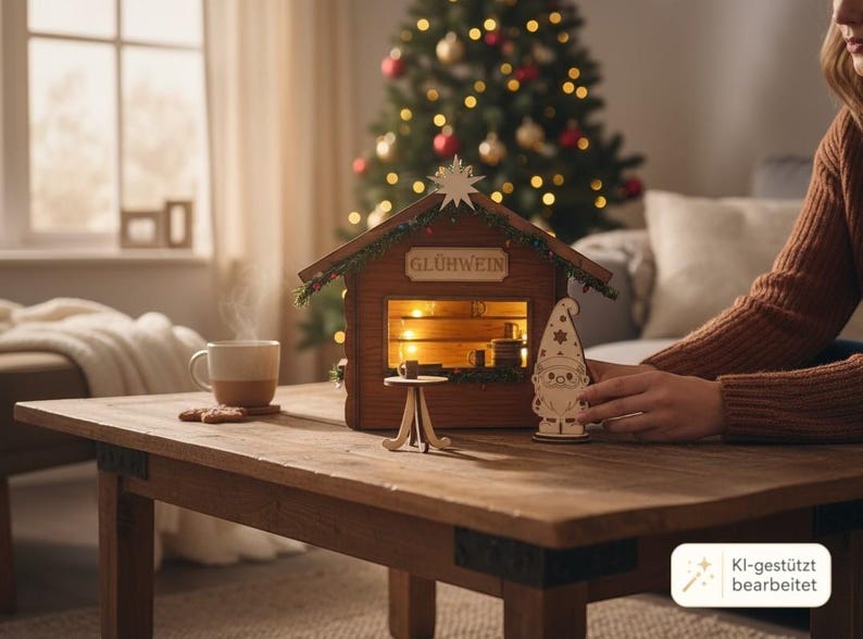 May include: A wooden miniature Gl&uuml;hwein stall featuring a peaked roof with a star topper, illuminated interior, and a small counter. A separate wooden gnome figure stands in front, accompanied by a small round table and a steaming mug.