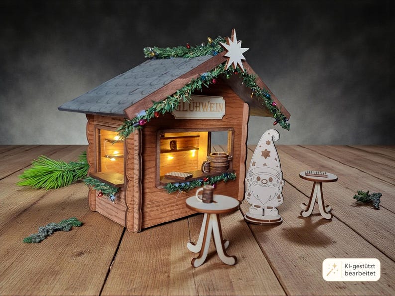 May include: A wooden miniature Gl&uuml;hwein stall featuring a dark roof, illuminated interior, and a sign reading GL&Uuml;HWEIN. The set includes a gnome figure, two small round tables, and miniature mugs. The structure is decorated with green garland.