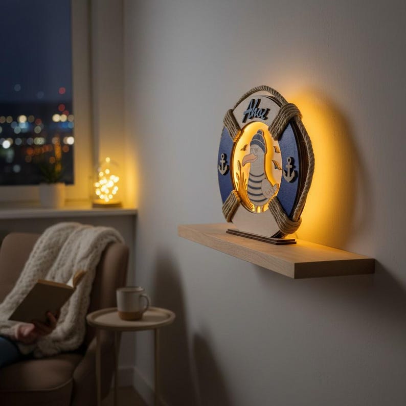 Pu&ograve; includere: Lampada in legno a tema nautico a forma di salvagente, con un design a gabbiano e la scritta "Ahoj". La lampada presenta dettagli blu e beige, dettagli in corda e simboli di ancora. Emette una luce calda e invitante.
